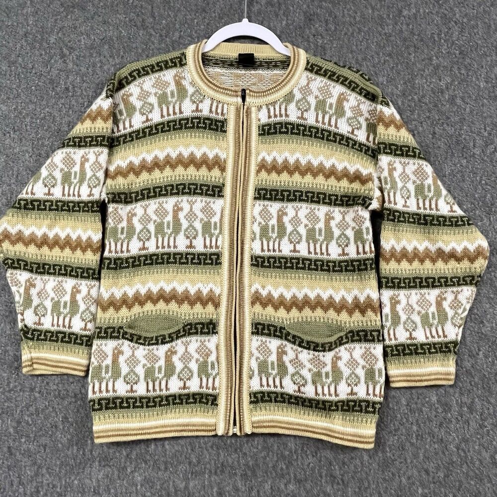 Arcohi's Alpaca Sweater Size Medium? Zip-Up Cardigan Brown Green Peruvian Wool